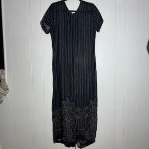 Vintage Sheer Black Paisley‎ Border Print Dotted Maxi Dress Large Boho Modest